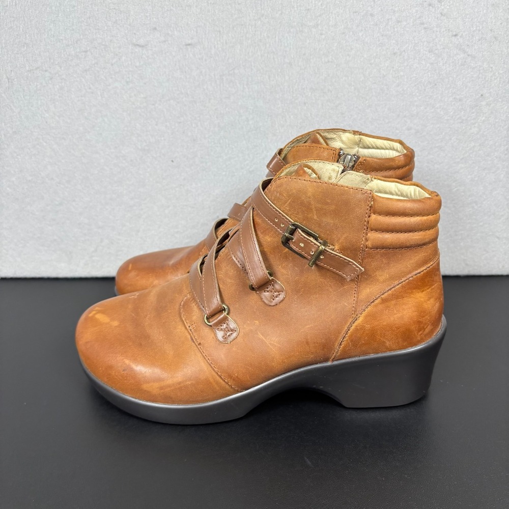 Alegria Indi Walnut Brown Leather Wedge Ankle Boots Buckle Strap Womens 39/9